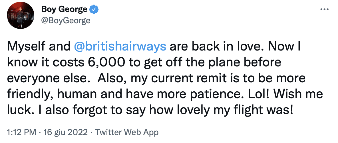 Boy George twitta contro la British Airways